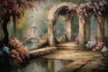 Wallpaper Classic drawing of a palace garden in the style Stone arches overlooking the river and the nature with trees, flowers