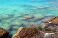 Wallpaper of clear blue tropical sea water with rocks under surface