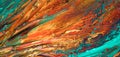 Closeup of abstract oil painting of orange and aquamarine on canvas, background of colors, blurs, fire Royalty Free Stock Photo