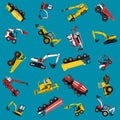 Wallpaper with construction machinery set on blue. Ground works background.