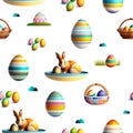 Wallpaper of cute rabbits and baskets easter eggs isolated on background for flips mirror. Pattern mirrored