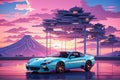 wallpaper with 3d animation car, style vaporwave