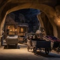 Heavy coffins lie on sand floor in an very small old dusty cemetery crypt in a cave