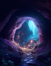 Wallpaper design art of a mystical cave with the mystical plants and magical germ, 8k, fantasy, nature