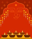 Wallpaper of Diwali Festival with Diya of Light and Outline Face of Lakshmi Goddess.