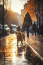 Dog walking in autumn city by Generative AI Royalty Free Stock Photo