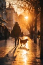 Dog walking in autumn city by Generative AI Royalty Free Stock Photo