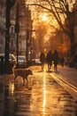 Dog walking in autumn city by Generative AI