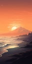 Tranquil Sunrise: Detailed Illustration Of Mountain, Beach, And Volcano Royalty Free Stock Photo