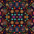 Pattern of colorful flowers 70s style with texture abstract in black background. mirrored repeat for background. Generative AI