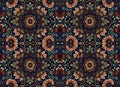 pattern of flowers mandalas and leaves on a black background for tapestries prints. Generative AI