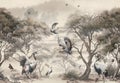 Wallpaper of a forest pattern of trees with cranes in a landscape and flying birds