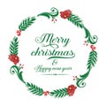Wallpaper greeting card merry christmas and happy new year, with texture of red flower frame and green leaves. Vector Royalty Free Stock Photo