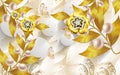 3d wallpaper golden flowers golden branches white balls background