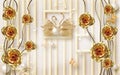 3d wallpaper golden jewelry flowers and golden swans on background