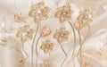 3d wallpaper golden jewelry flowers pink silk background Royalty Free Stock Photo