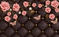 3d wallpaper pink jewelry flowers and butterflies brown leather background