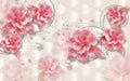 3d wallpaper pink jewelry flowers and silver balls on silk background