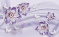 3d wallpaper purple jewelry flowers on a purple silk background