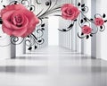 3d wallpaper red jewelry flowers with black branches on gray tunnel background