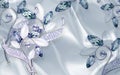 3d wallpaper blue and silver jewelry flowers on blue silk background