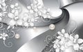 3d wallpaper silver diamond flowers and balls on silver gray silk background