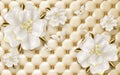 3d wallpaper white diamond flowers and butterflies on golden leather background