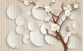 3d wallpaper white roses on a tree and a background of circles