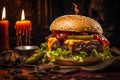 Wallpaper image of a beef hamburger with melted cheese. with a Halloween theme