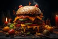 Wallpaper image of a beef hamburger with pickles. with a Halloween theme