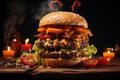 wallpaper image of beef hamburger on wooden background with a Halloween theme