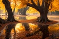 Wallpaper of the image of trees with yellowed leaves in autumn reflected in the water Royalty Free Stock Photo