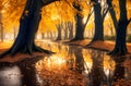 Wallpaper of the image of trees with yellowed leaves in autumn reflected in the water Royalty Free Stock Photo