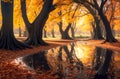 Wallpaper of the image of trees with yellowed leaves in autumn reflected in the water Royalty Free Stock Photo