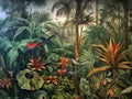 Wallpaper Jungle And Leaves Tropical Forest Mural And Birds Butterflies Old Drawing Vintage Background