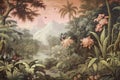 Wallpaper Jungle And Leaves Tropical Forest Mural Birds And Butterflies Old Drawing Vintage Background