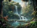 wallpaper jungle and leaves tropical forest mural and birds in waterfall old drawing vintage background