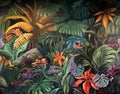 wallpaper jungle and leaves tropical forest mural and butterflies old drawing vintage background Royalty Free Stock Photo
