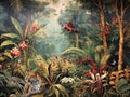 Wallpaper Jungle And Leaves Tropical Forest Mural Parrot And Birds Butterflies Leopard Old Drawing Vintage Background