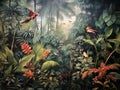 Wallpaper Jungle And Leaves Tropical Forest Mural Parrot And Birds Butterflies Old Drawing Vintage Background