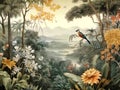 wallpaper jungle and leaves tropical forest mural parrot and birds butterflies old drawing vintage background