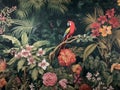 wallpaper jungle and leaves tropical forest mural parrot and birds butterflies old drawing vintage background Royalty Free Stock Photo