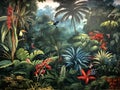 wallpaper jungle and leaves tropical forest mural toucan bird and birds butterflies old drawing vintage background Royalty Free Stock Photo