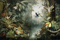Wallpaper Jungle And Leaves Tropical Forest River Mural Toucan And Birds Butterflies Old Drawing Vintage Background
