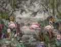 Wallpaper Jungle And Tropical Forest Flamingo And Tropical Birds, Old Drawing Vintage