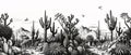 Wallpaper landscape pattern of the desert environment, cacti trees, birds and butterflies with a black and white background Royalty Free Stock Photo