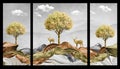 Wallpaper landscape with trees . golden deer, Christmas trees, mountains, clouds, golden and gray waves. 3d modern canvas art mura