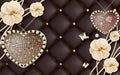 3d wallpaper golden jewelry flowers and harts on brown background