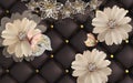 3d wallpaper golden jewelry flowers on brouwn leather background