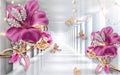 3D wallpaper pink jewelry flowers on silver tunnel background